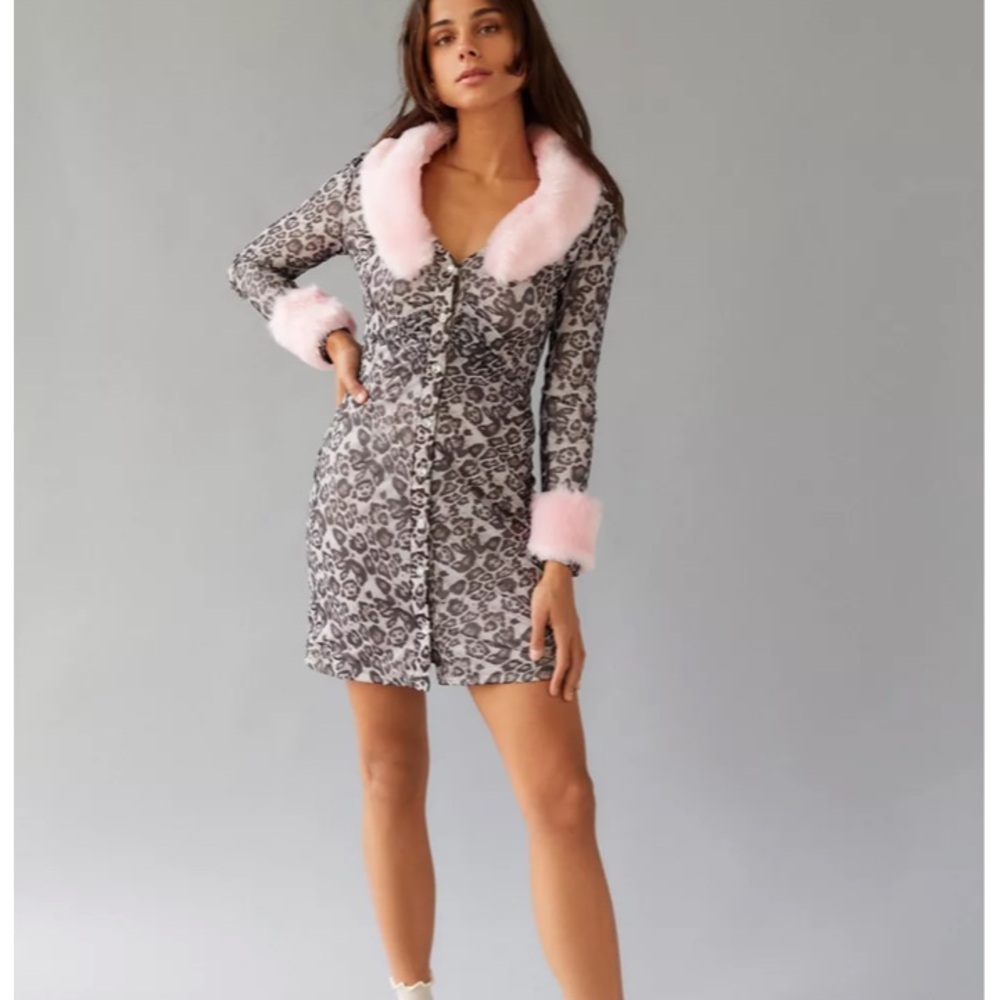 ✨NWT✨ Urban Outfitters Another Girl Leopard Animal Print Fur Trim Midi Dress XS